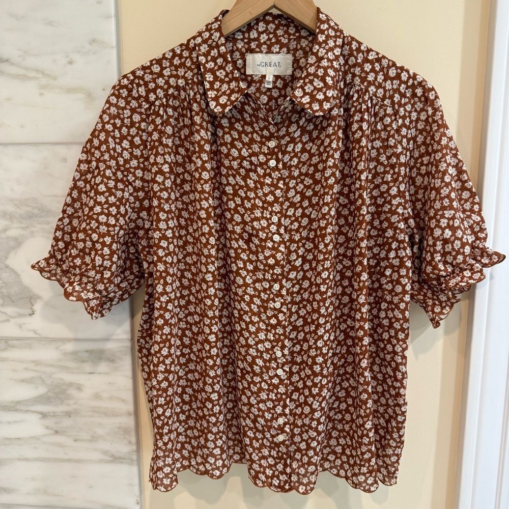 THE GREAT. Rust and White Floral Button Down Blouse